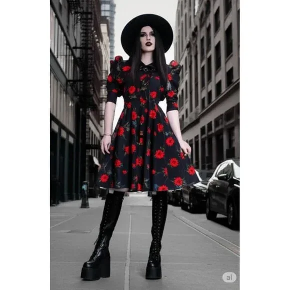 Weekend Black Floral Whimsy Goth Floral Twee Long Sleeve Dress S With Ruffle - Picture 4 of 13